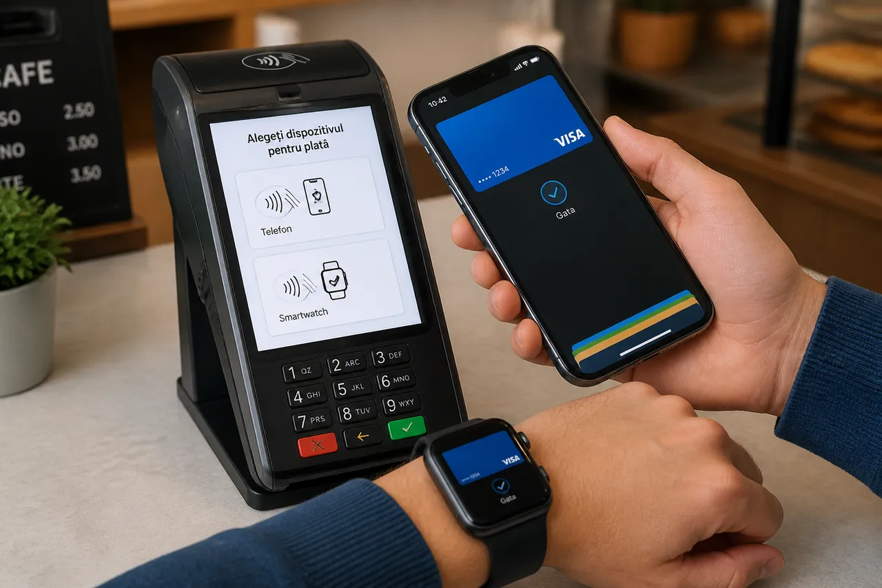 plată NFC cu telefonul și smartwatch-ul la cumpărături