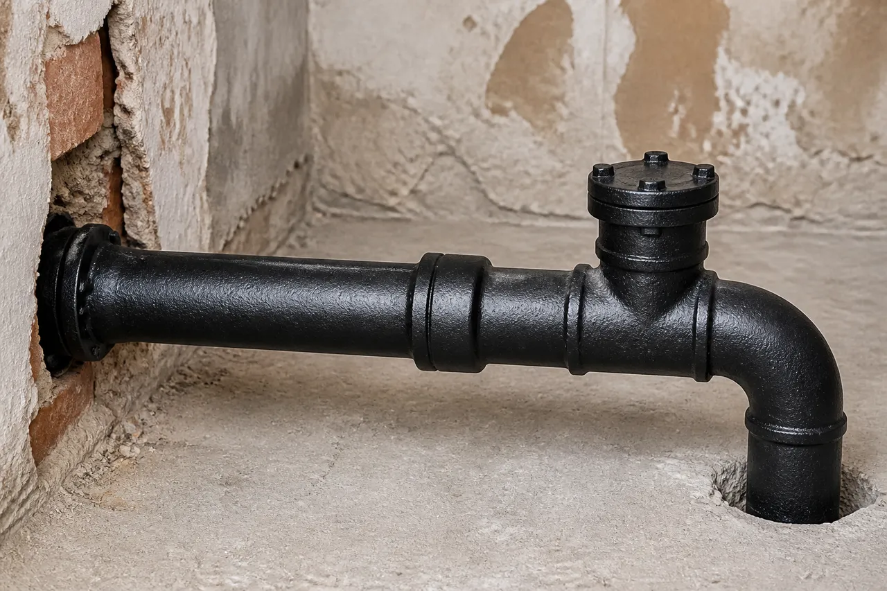 țevi din fontă păstrate în stare bună într-o casă renovată